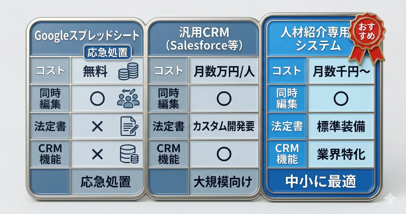脱Excelの3つの選択肢比較(スプレッドシート・汎用CRM・専用システム)