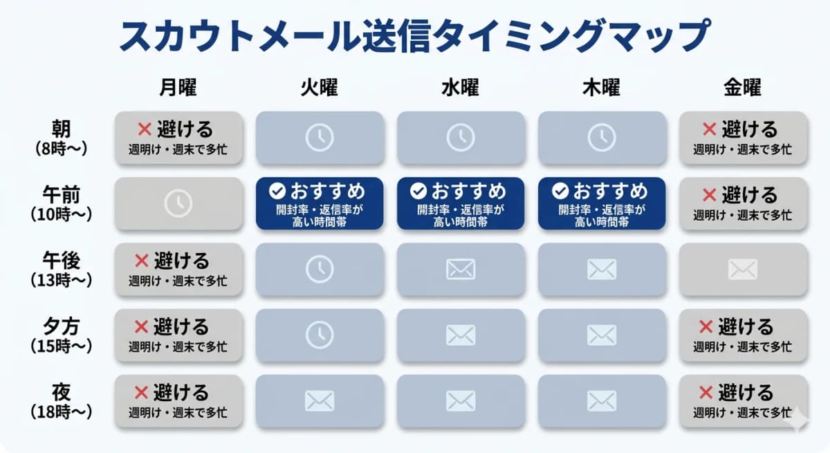 スカウトメールの送信タイミング別開封率