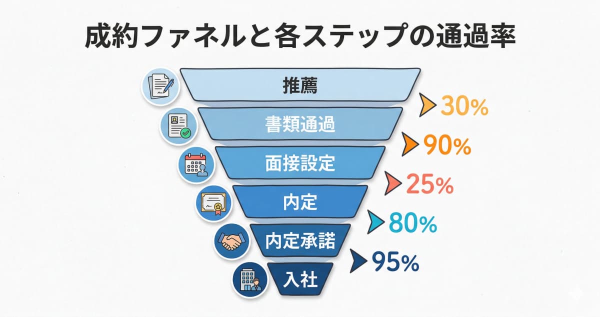 人材紹介の成約ファネル(推薦→入社の各ステップ通過率)