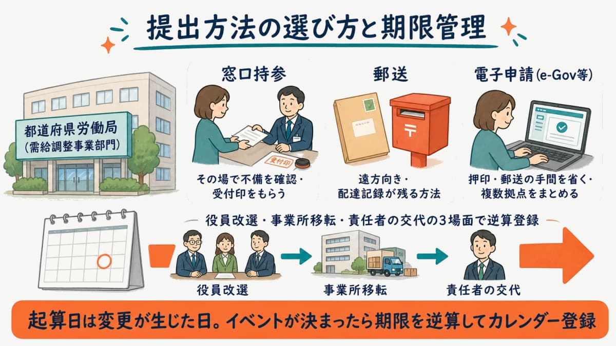 変更届出書の提出方法と期限管理スケジュールを示す図解
