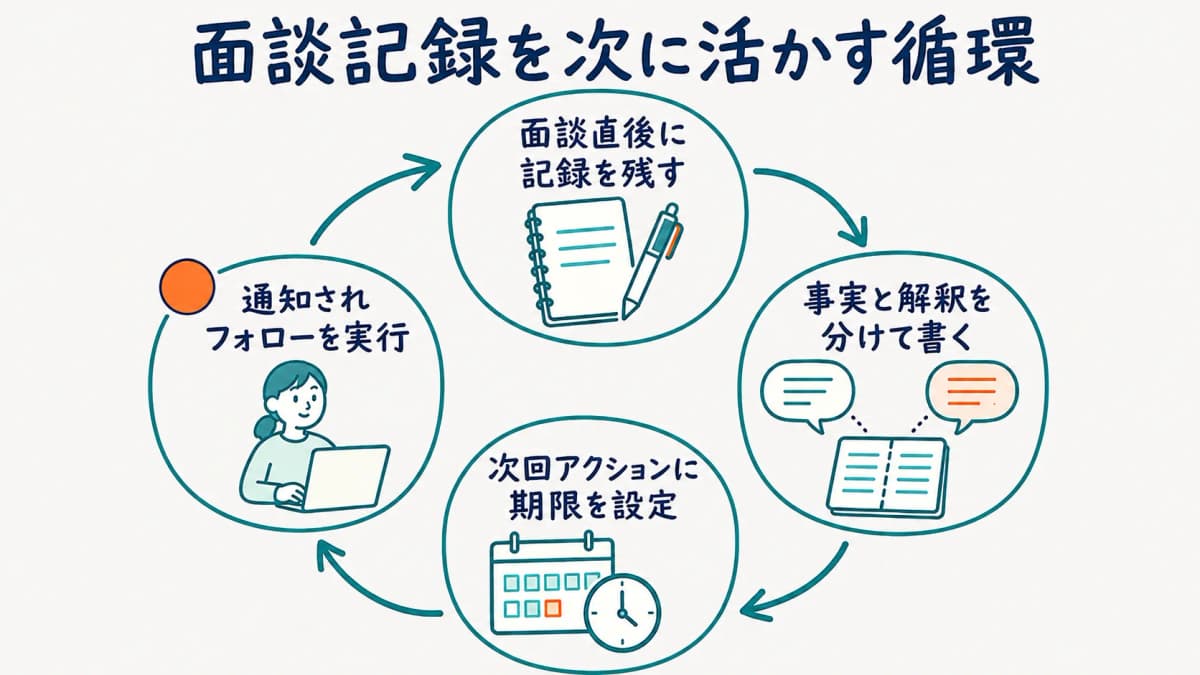 面談記録を次のアクションに活かす循環を示した図解