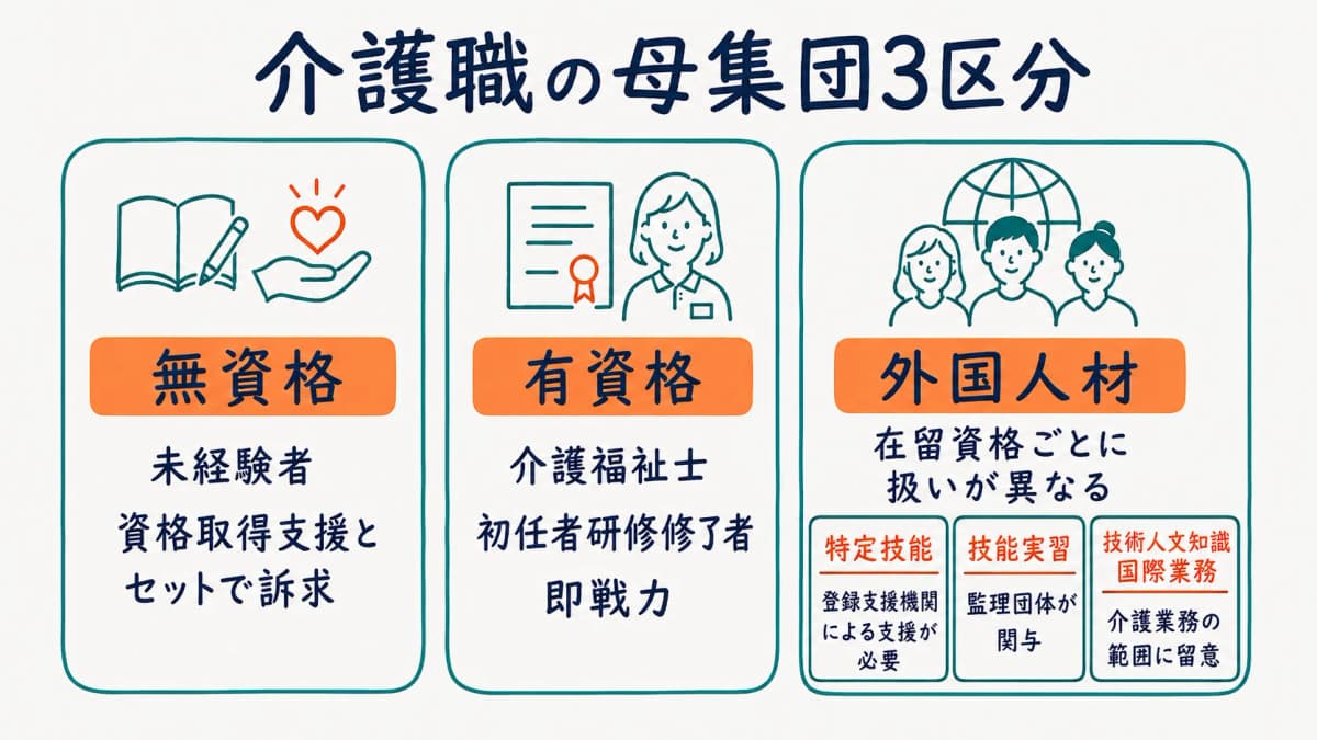 無資格・有資格・外国人材の3つの母集団ルートを示した図