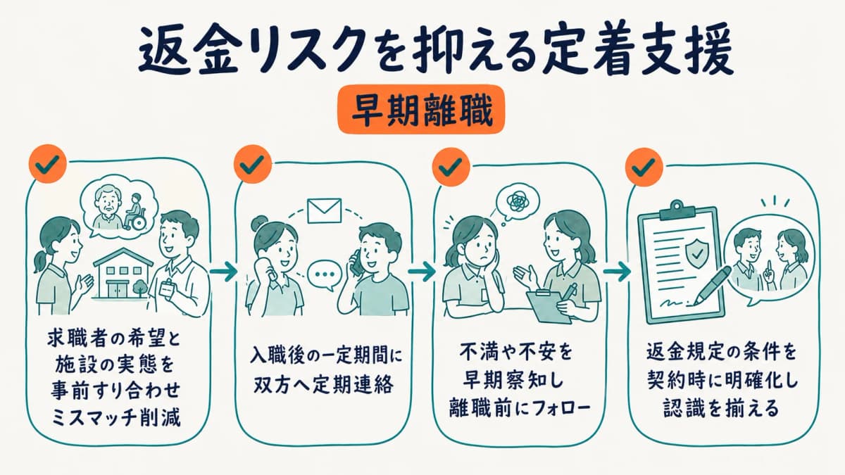 入職後の定着支援フローと早期離職対策を示した図