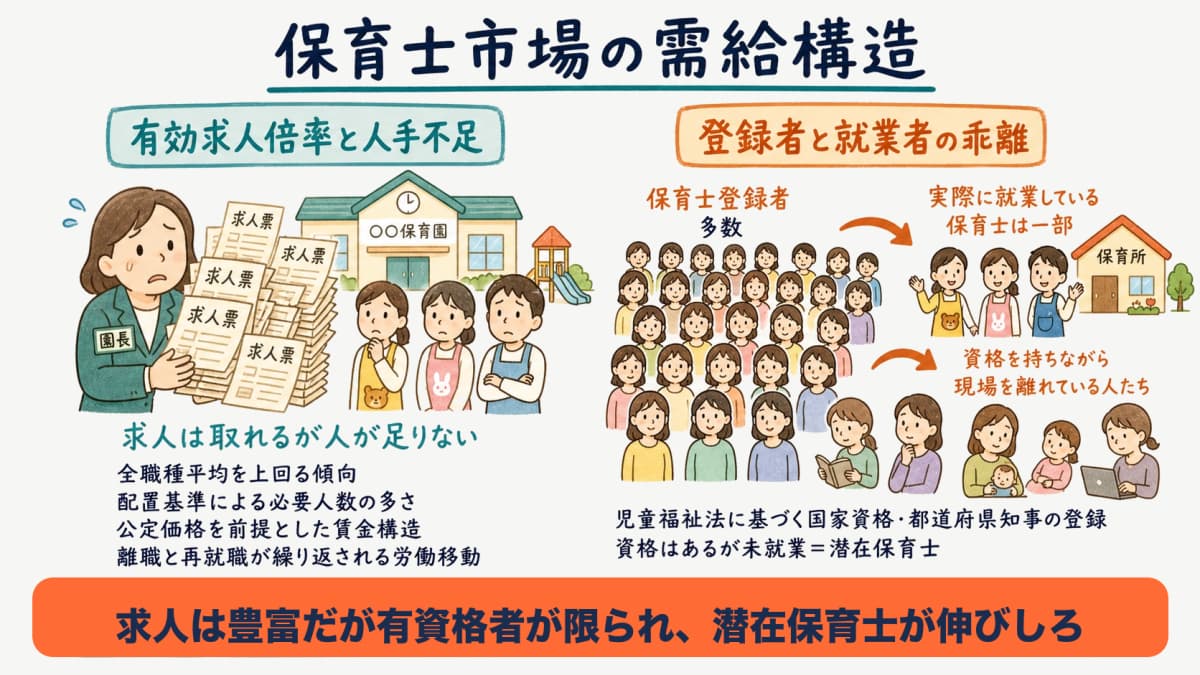 保育士の有効求人倍率と登録者・就業者の乖離を示す需給構造の図