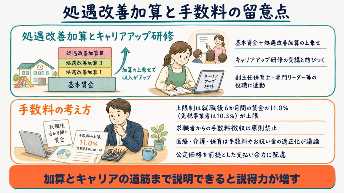 処遇改善加算・キャリアアップ研修と保育士特化の手数料の考え方を整理した図