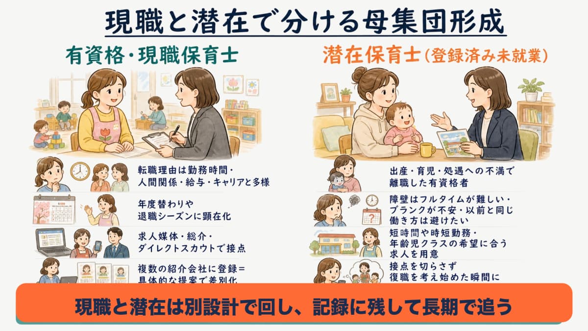 現職保育士と潜在保育士へのアプローチ経路を示す母集団形成の図