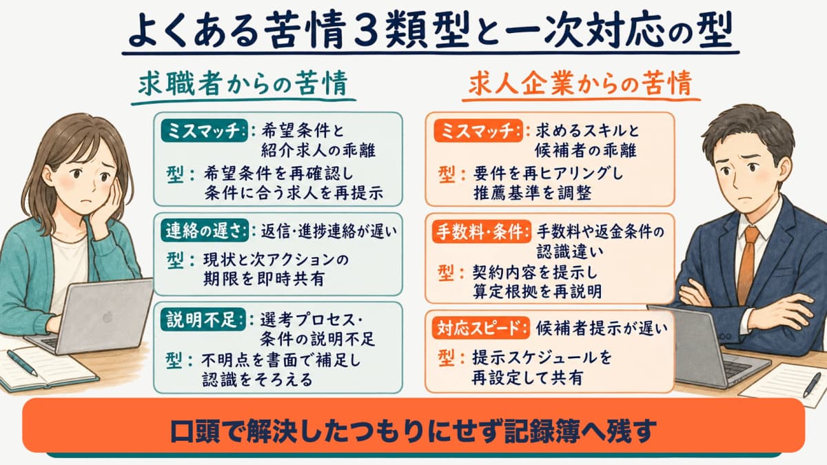 求職者と求人企業からの苦情3類型と一次対応の型を分類した図解