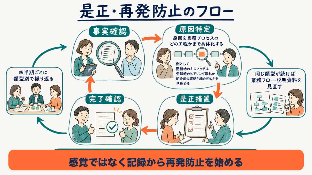 事実確認から是正・再発防止までのPDCAフローを示した図解