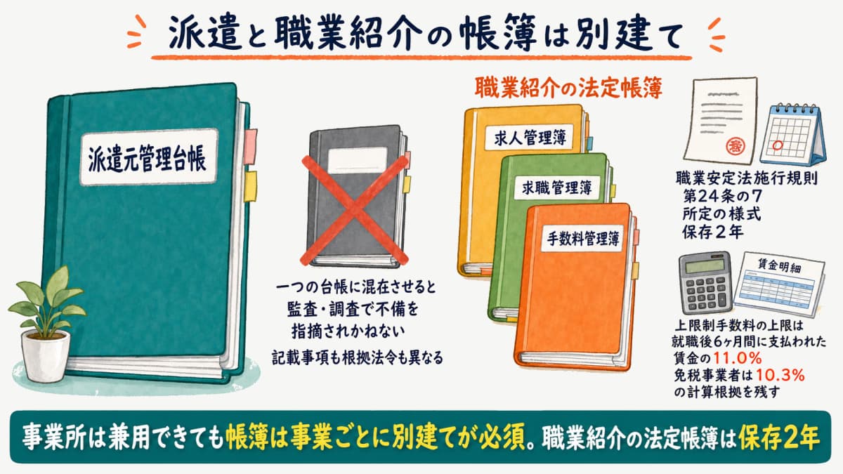 派遣元管理台帳と職業紹介の法定帳簿を別建てで管理する構成を示した図