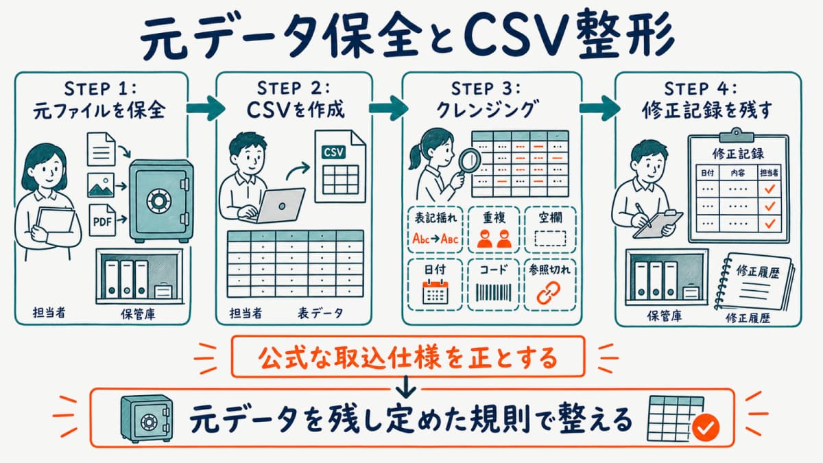 元ファイルを保全してCSVの重複・表記揺れ・空欄・参照切れを整える図