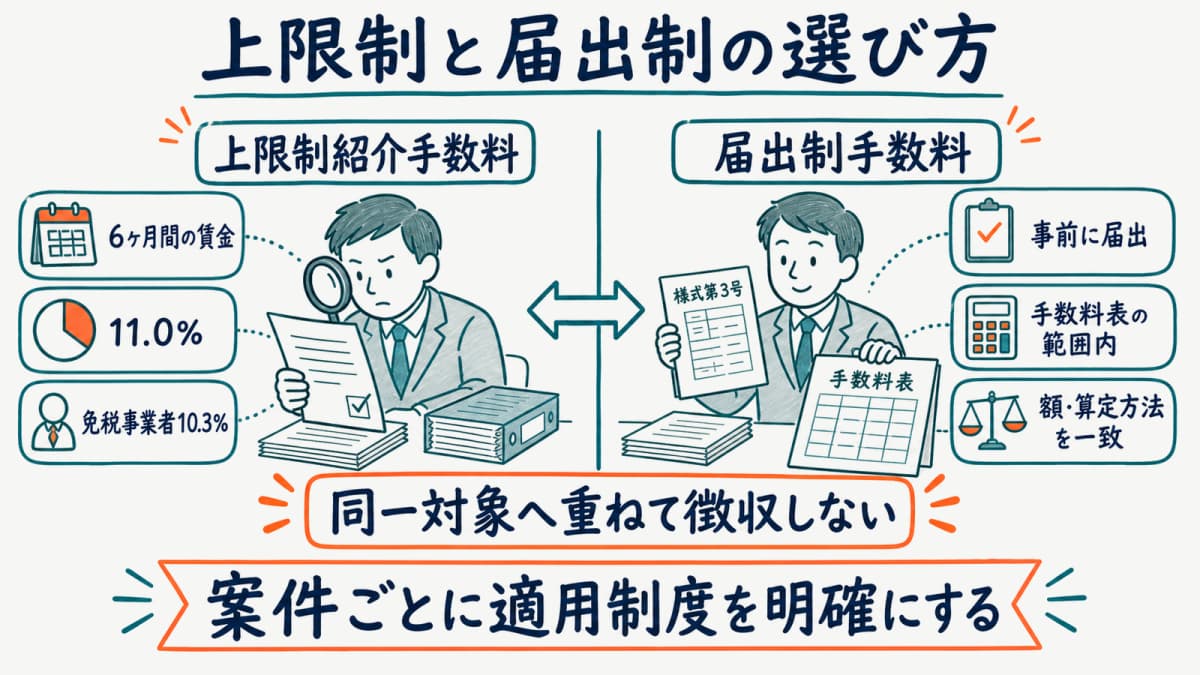 上限制紹介手数料と届出制手数料の対象・届出・上限・使い分けを比較した図