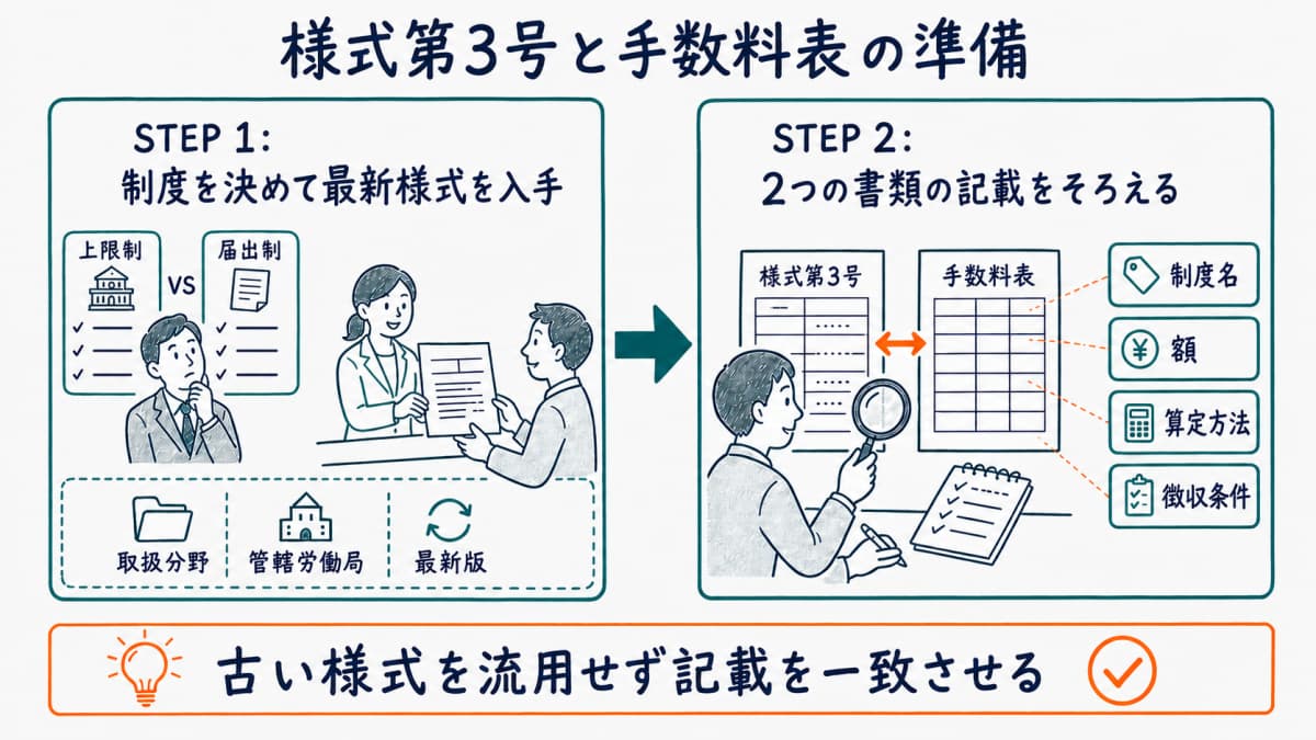 制度決定から様式第3号と手数料表の記載照合までの準備手順を示した図