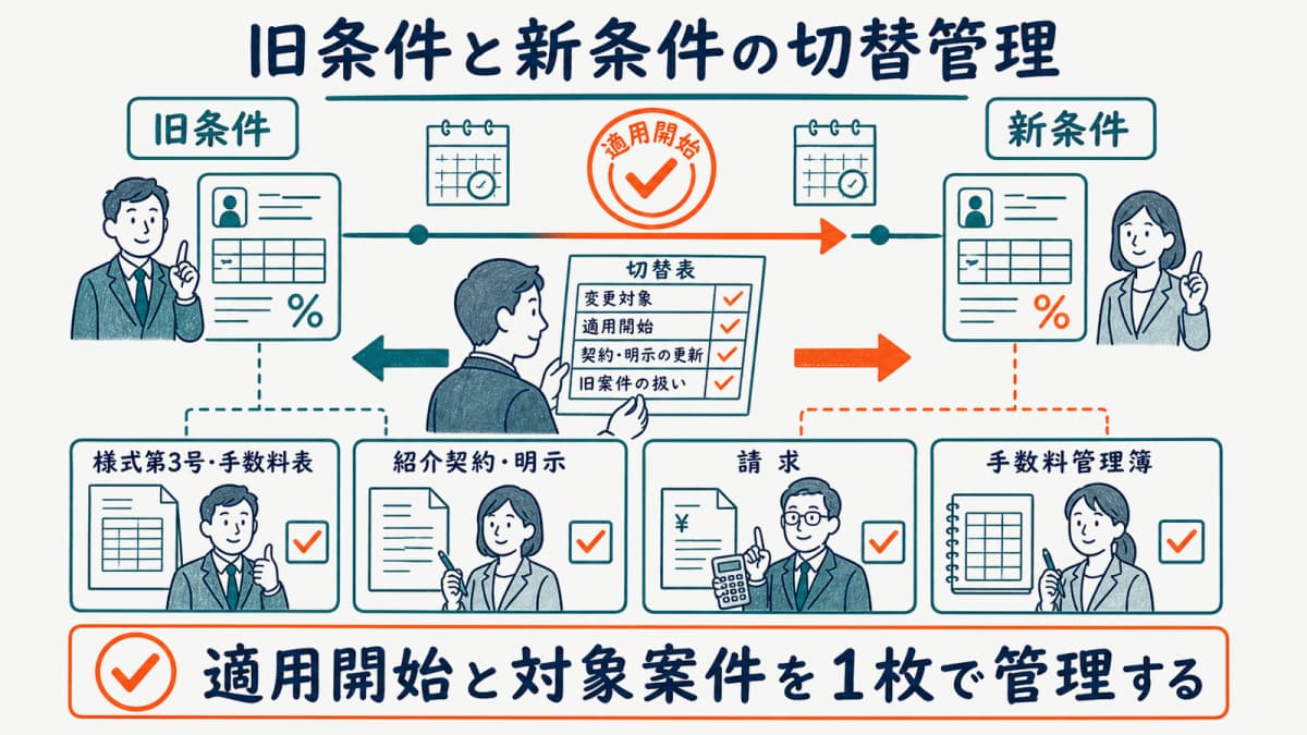 届出条件を変更する前の確認項目と旧条件・新条件の切替管理を示した図