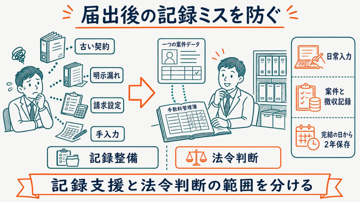 届出内容と手数料管理簿のずれが生じる場面と日常入力で防ぐ範囲を示した図