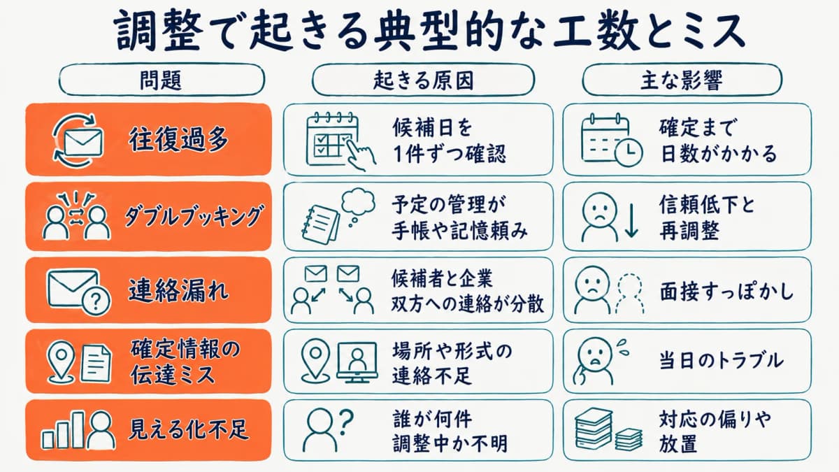 日程調整で起きる往復過多・ダブルブッキング・連絡漏れなどの典型ミスを整理した図