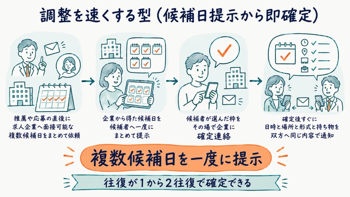 複数候補日の一括提示から即日確定までの調整フローを示した図