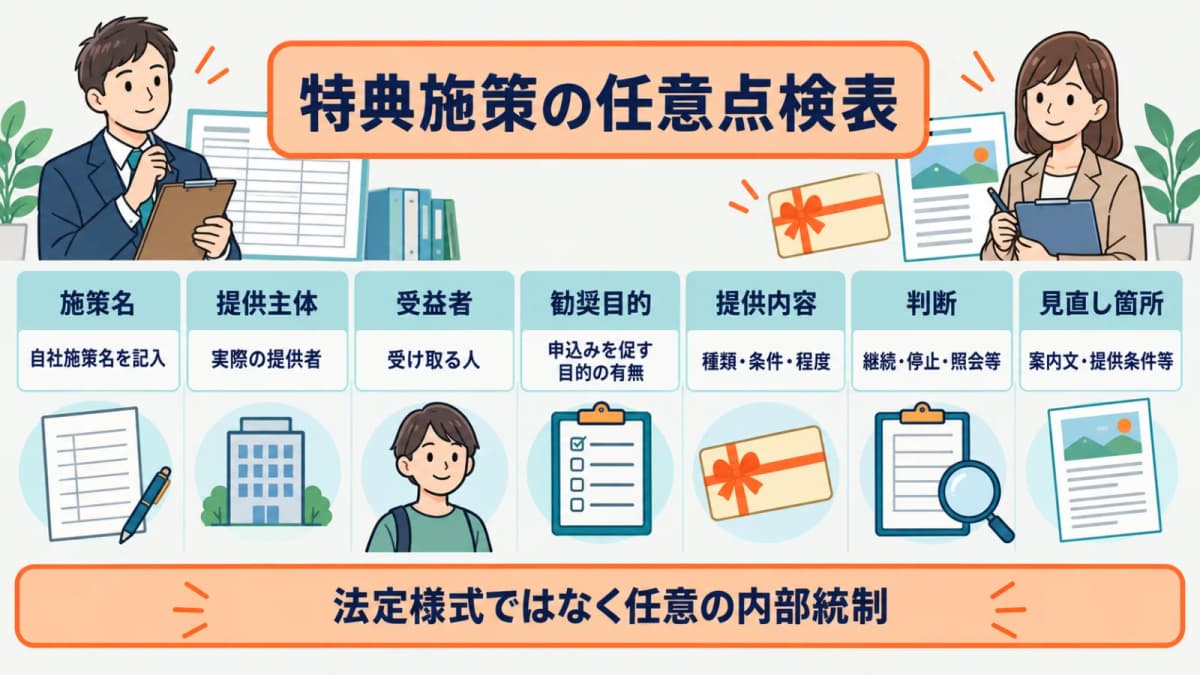 施策名・提供主体・受益者・勧奨目的・提供内容・判断・見直し箇所を並べる点検図