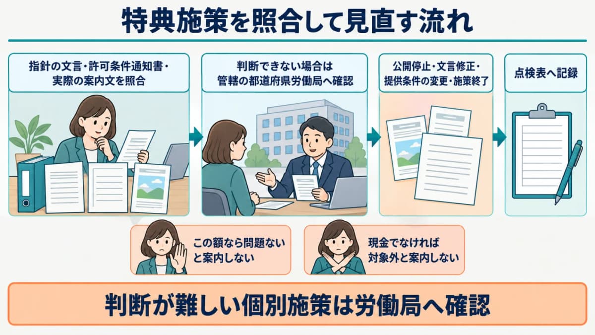 特典施策を指針・許可条件・案内文と照合し労働局確認から見直しへ進む流れ