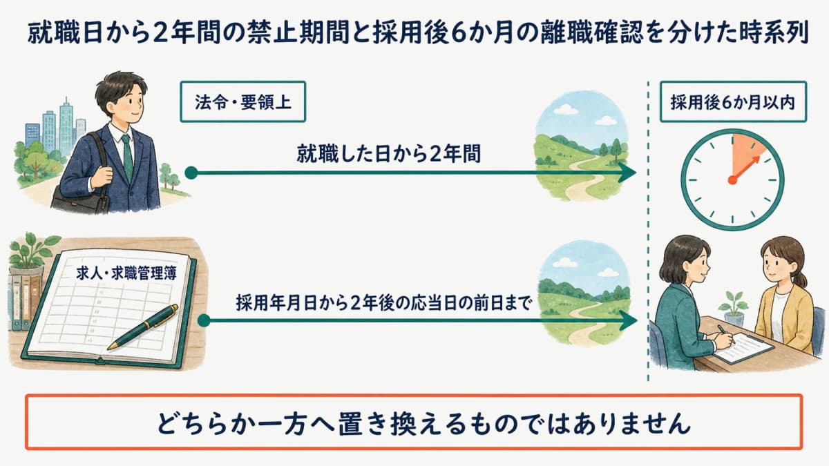 就職日から2年間の禁止期間と採用後6か月の離職確認を分けた時系列