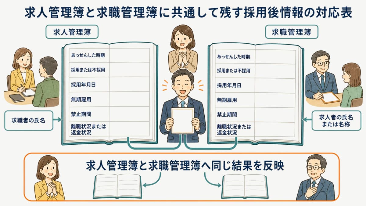 求人管理簿と求職管理簿に共通して残す採用後情報の対応表