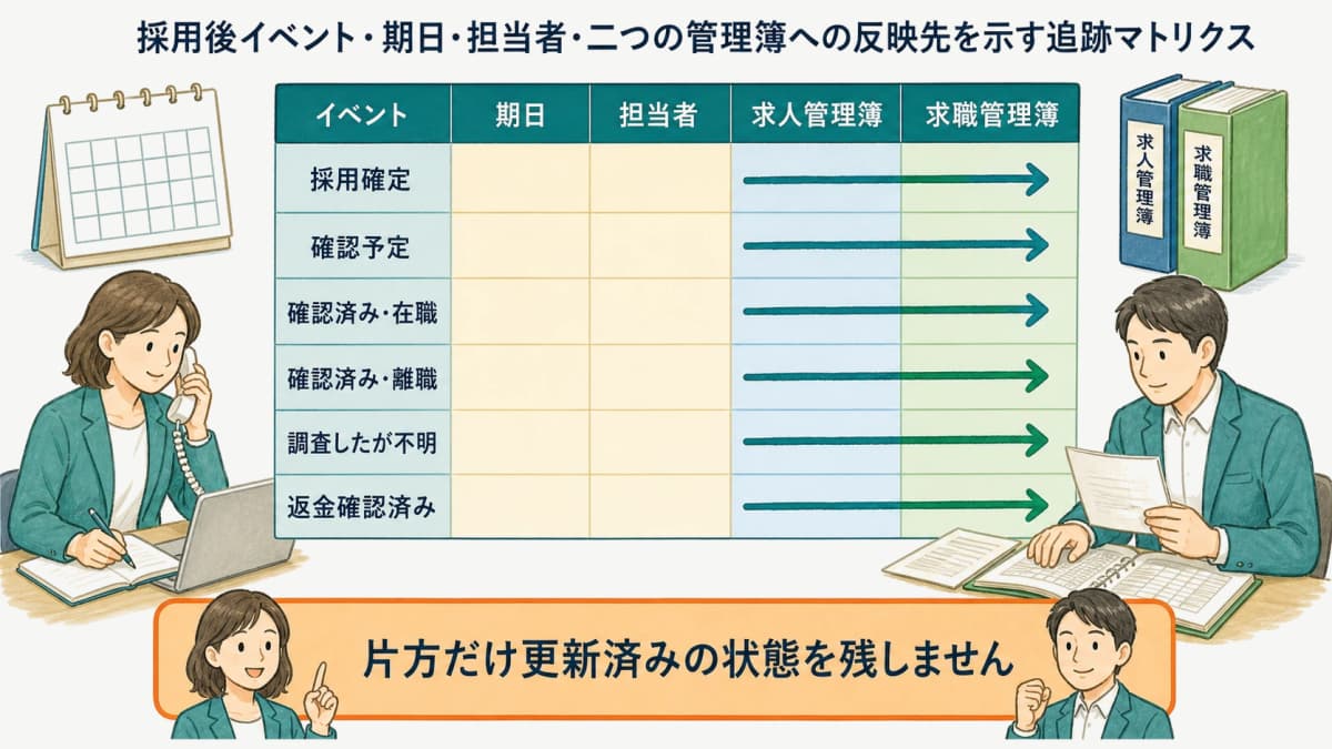 採用後イベント・期日・担当者・二つの管理簿への反映先を示す追跡マトリクス