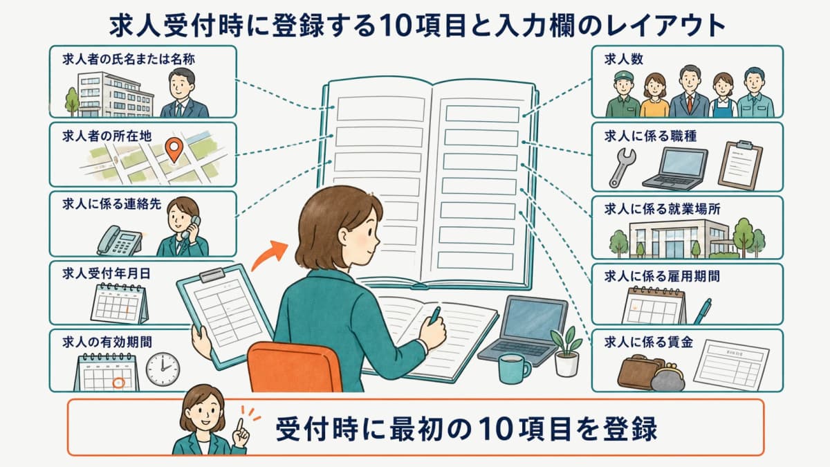 求人受付時に登録する10項目と入力欄のレイアウト