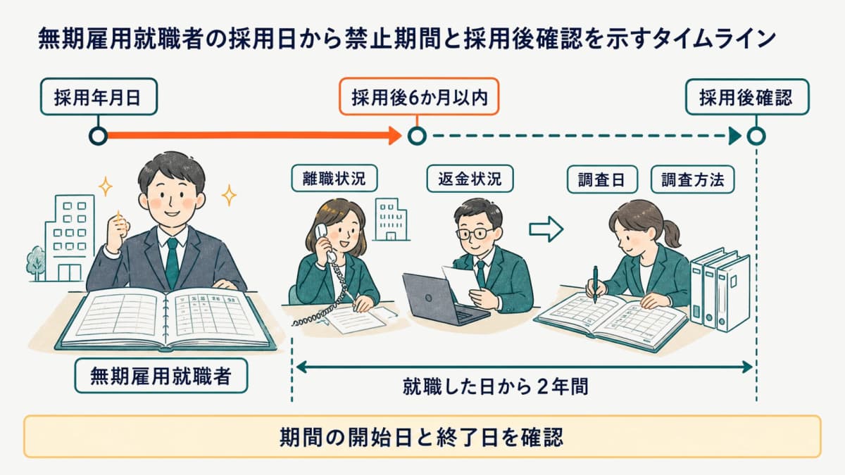 無期雇用就職者の採用日から禁止期間と採用後確認を示すタイムライン
