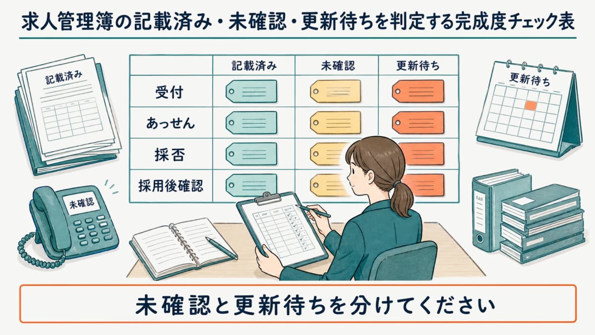求人管理簿の記載済み・未確認・更新待ちを判定する完成度チェック表