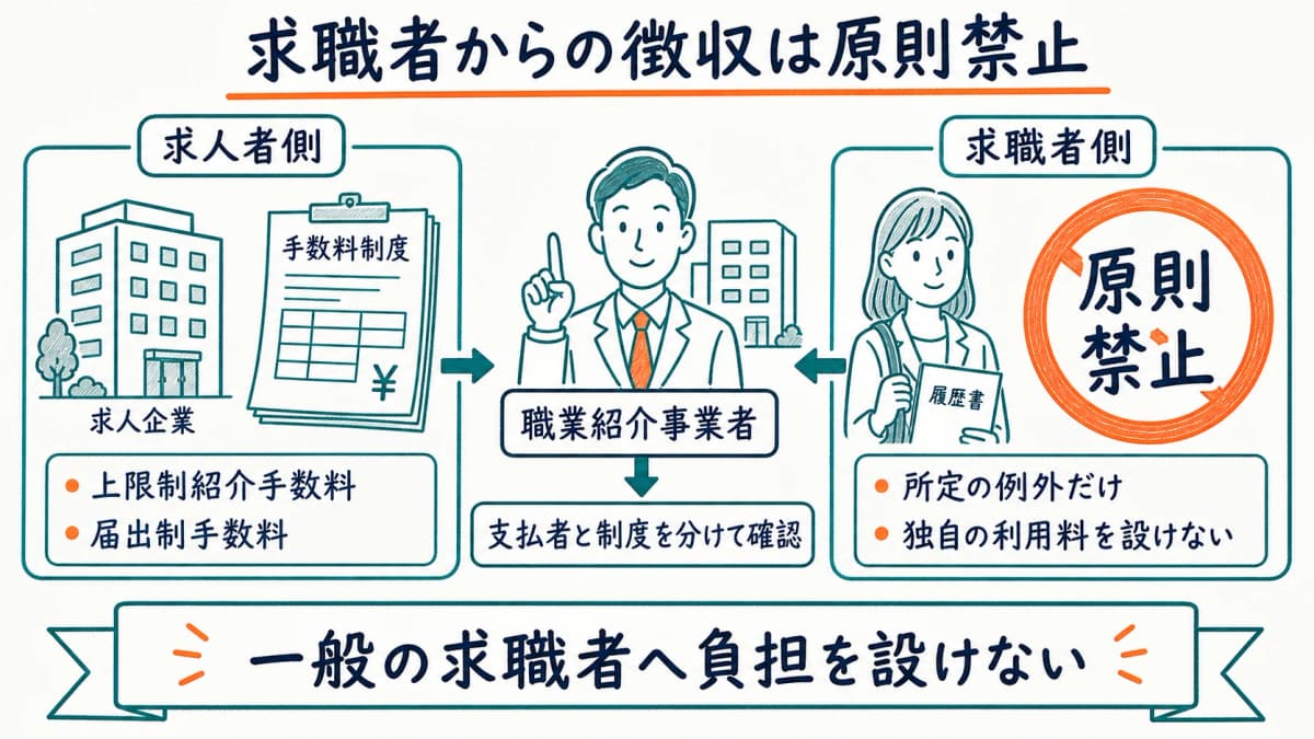 求職者からの徴収は原則禁止で求人者側手数料とは別に判断することを示す図