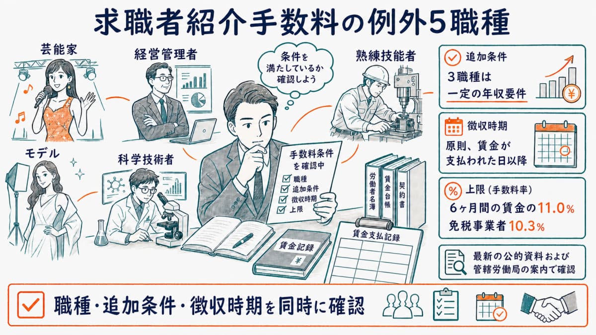 求職者紹介手数料の例外5職種と追加条件・徴収時期・上限を示す図