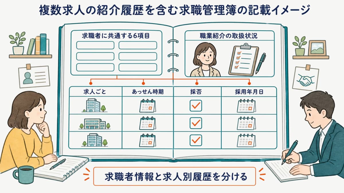複数求人の紹介履歴を含む求職管理簿の記載イメージ