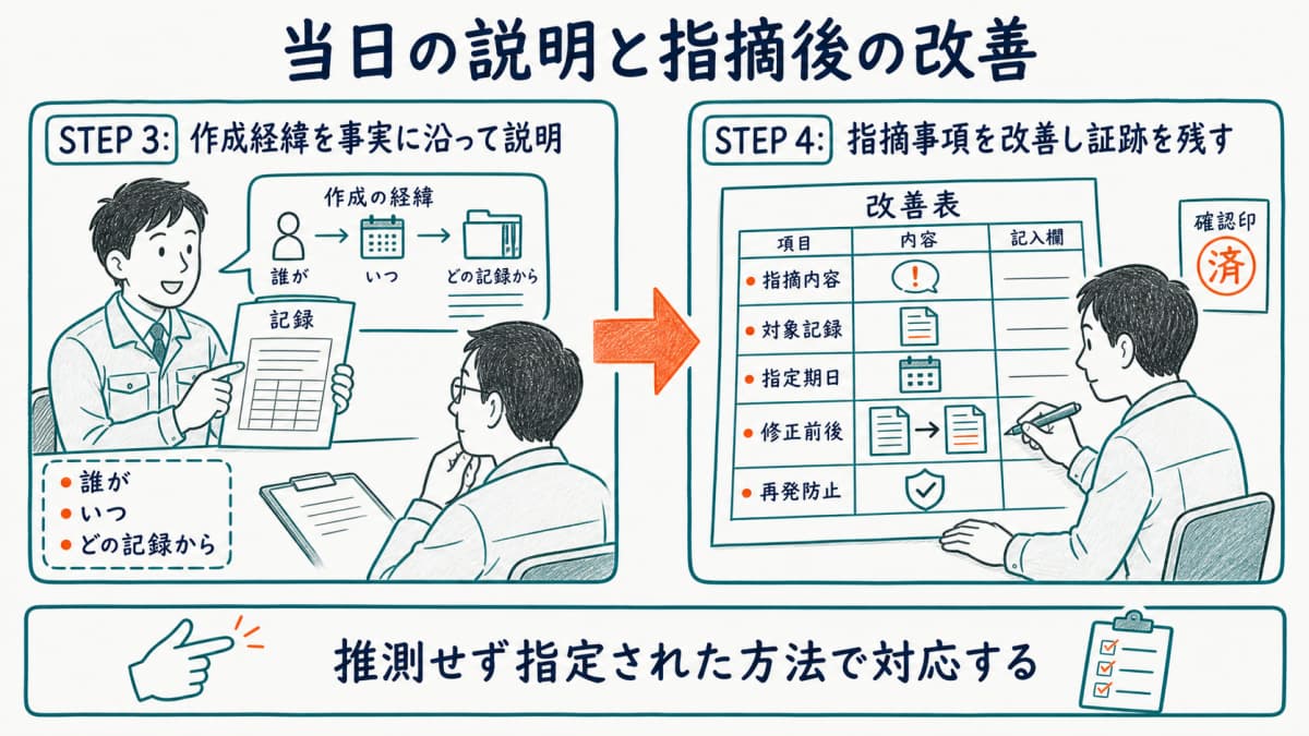 定期指導当日の事実説明から指摘事項の改善と証跡保存までを示す図