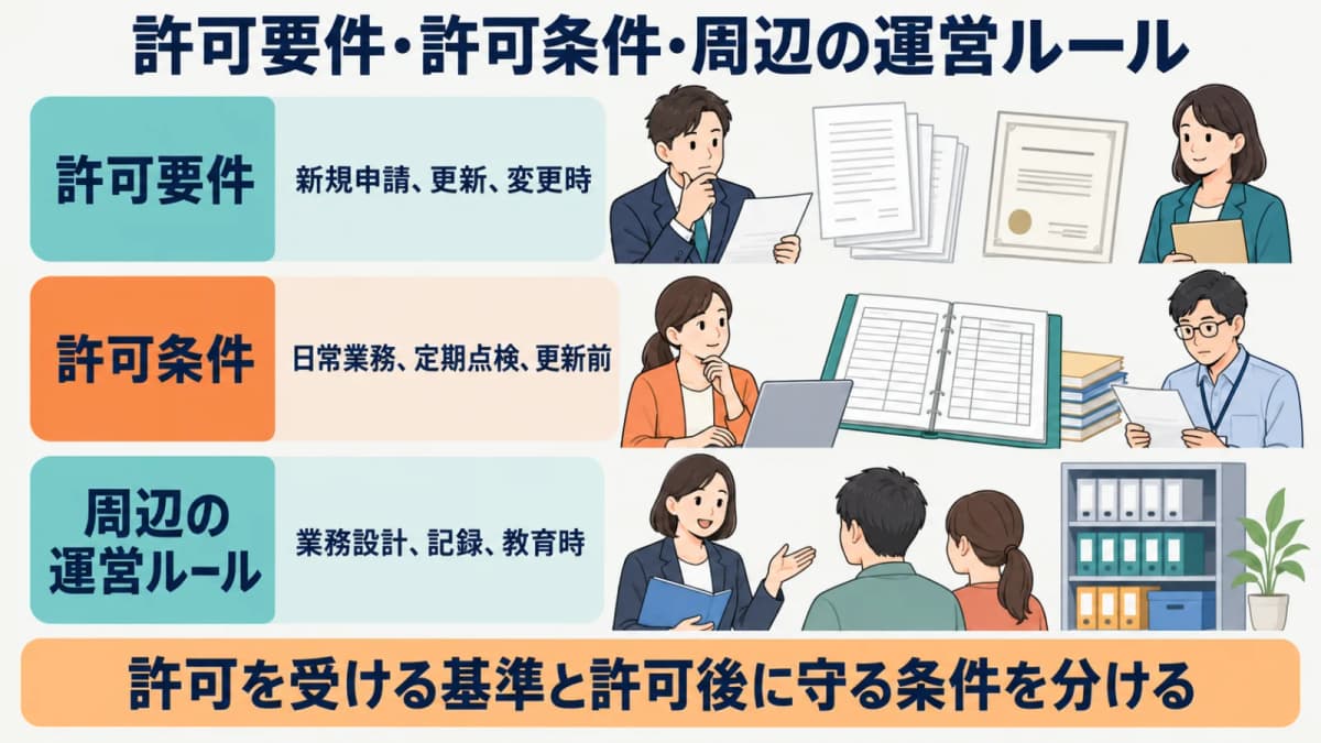 許可要件・許可条件・周辺の運営ルールを分けて確認する図