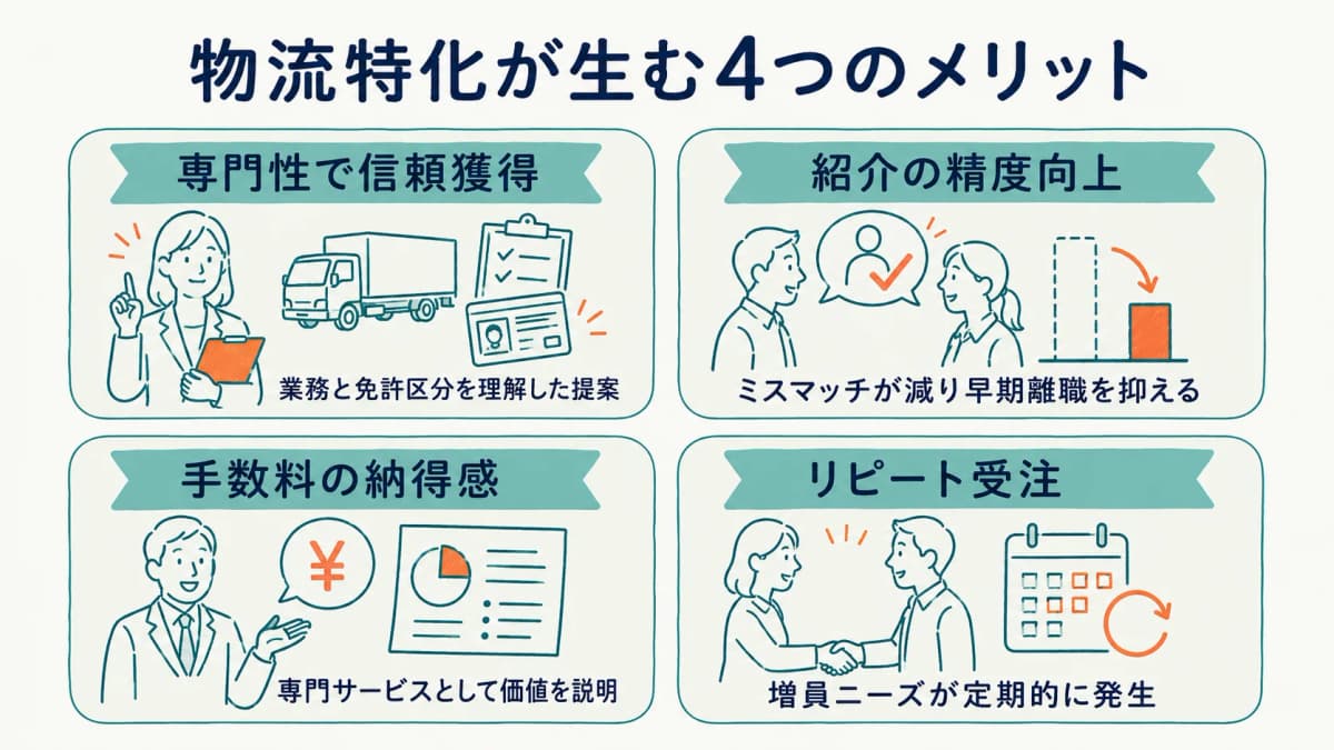 物流特化の人材紹介が得られる差別化メリットの整理図