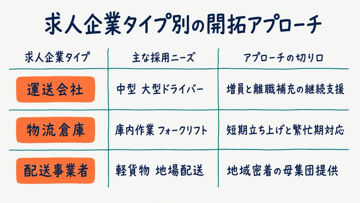 運送会社と物流倉庫への求人開拓アプローチの流れ図