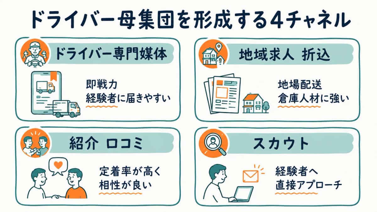 ドライバー候補者の集め方と母集団形成チャネルの比較図