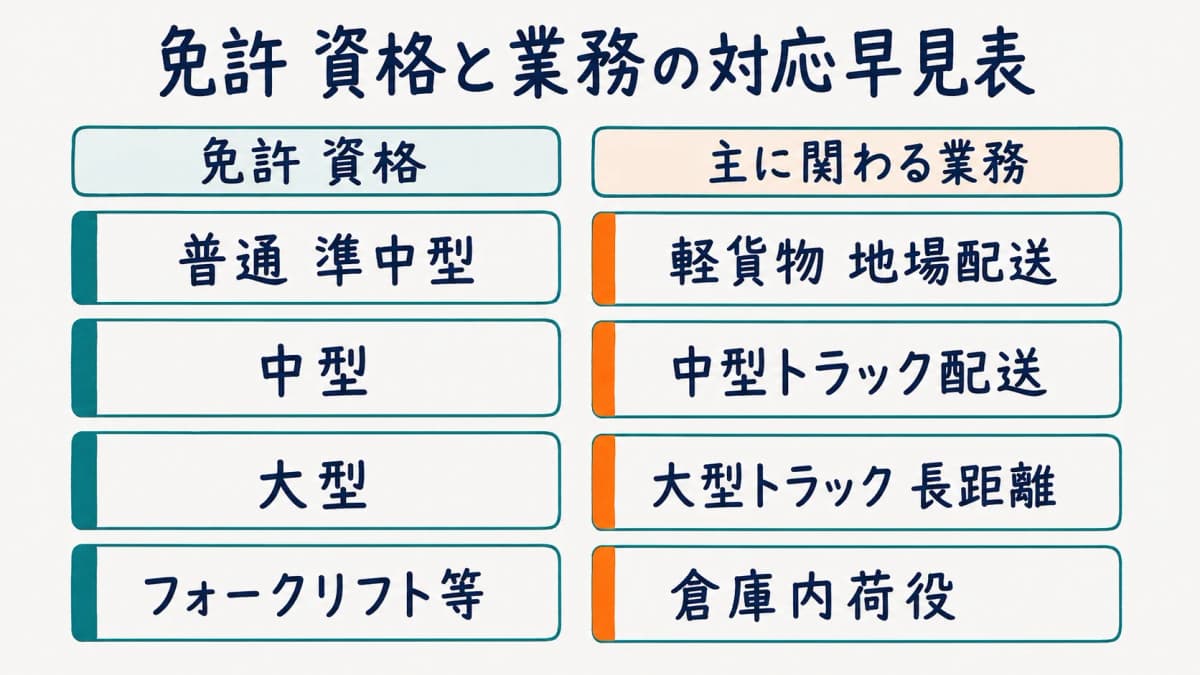 運転免許区分とトラック種別の対応関係を示すマッチング早見表