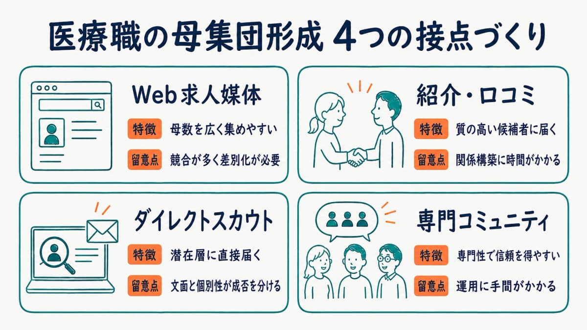 看護師・医療職との接点づくりと母集団形成の手法を示す図