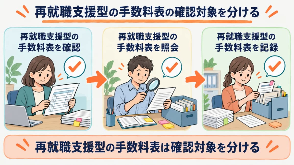 再就職支援型の手数料表の確認対象を、確認・照会・記録の3段に分けて示した図
