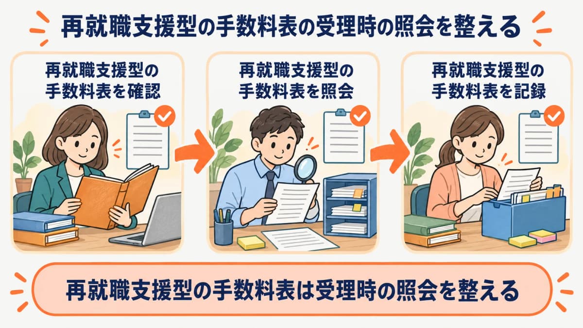 再就職支援型の手数料表の受理時の照会を、確認・照会・記録の3段で整理した図