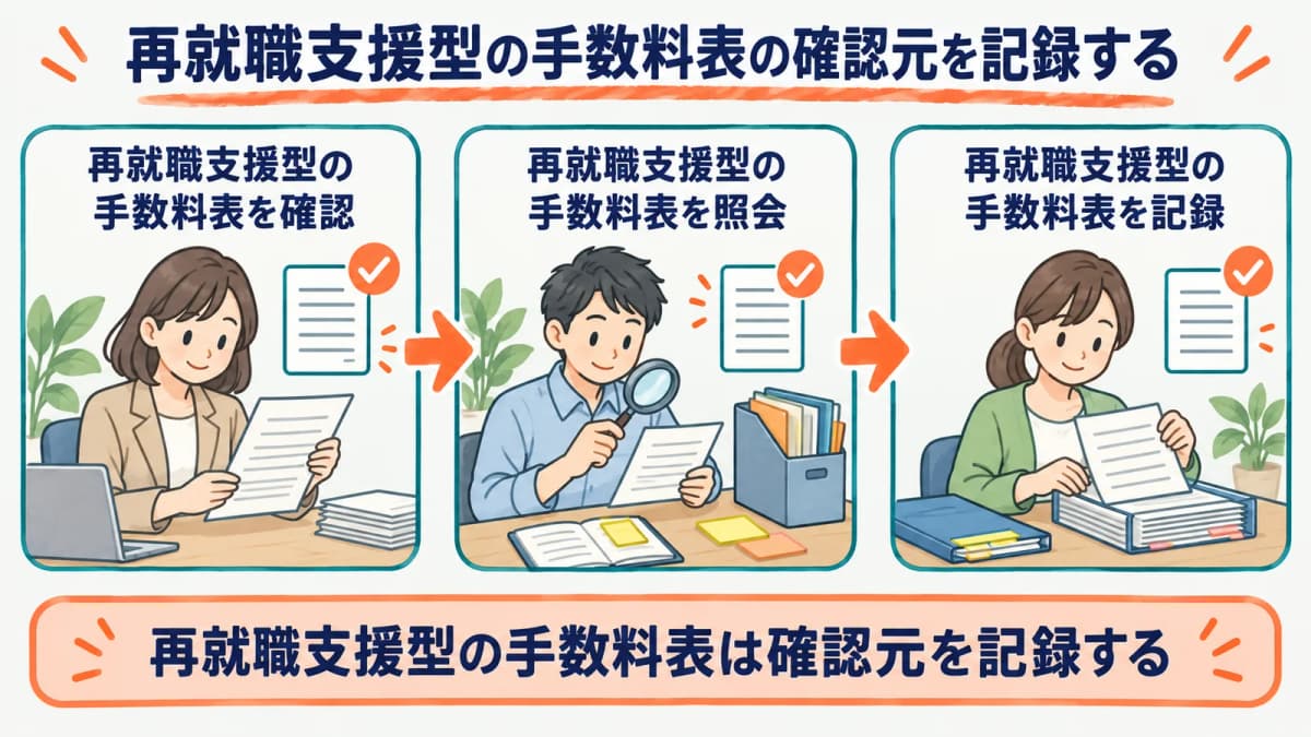 再就職支援型の手数料表の確認元を、確認・照会・記録の3段で残す流れを示した図