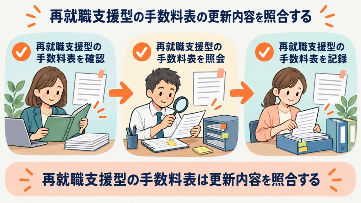 再就職支援型の手数料表の更新内容を、確認・照会・記録の3段で照合する流れを示した図