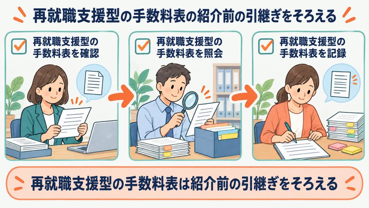 再就職支援型の手数料表の紹介前の引継ぎを、確認・照会・記録の3段でそろえる流れを示した図