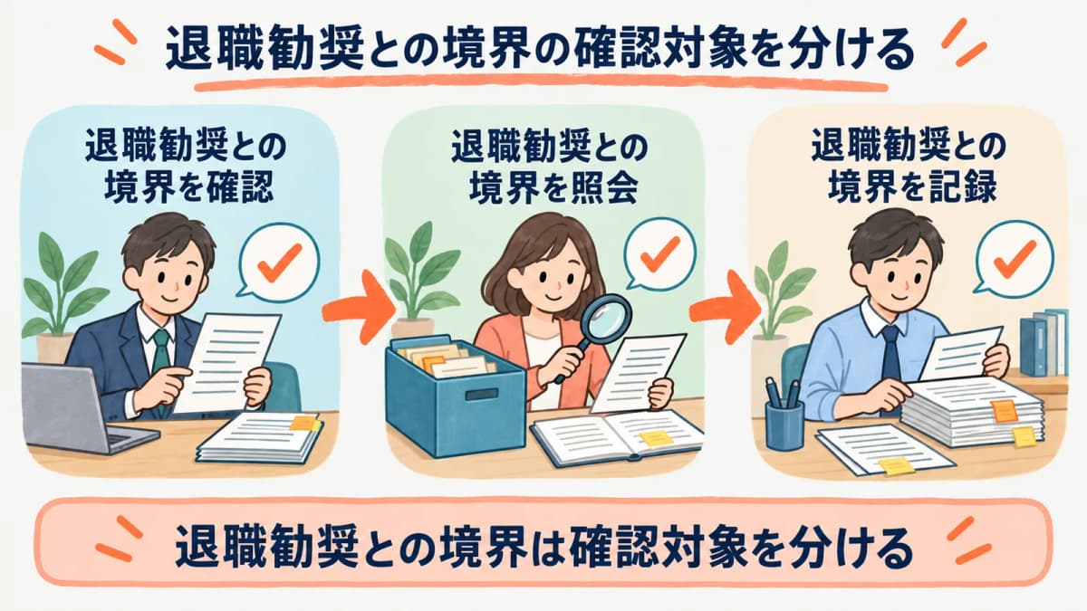 退職勧奨との境界の確認対象を、確認・照会・記録の3段に分けて示した図