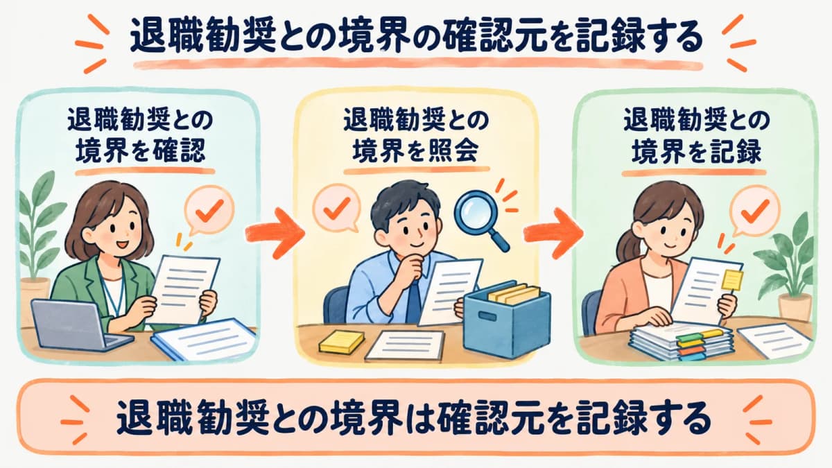 退職勧奨との境界の確認元を、確認・照会・記録の3段で残す流れを示した図