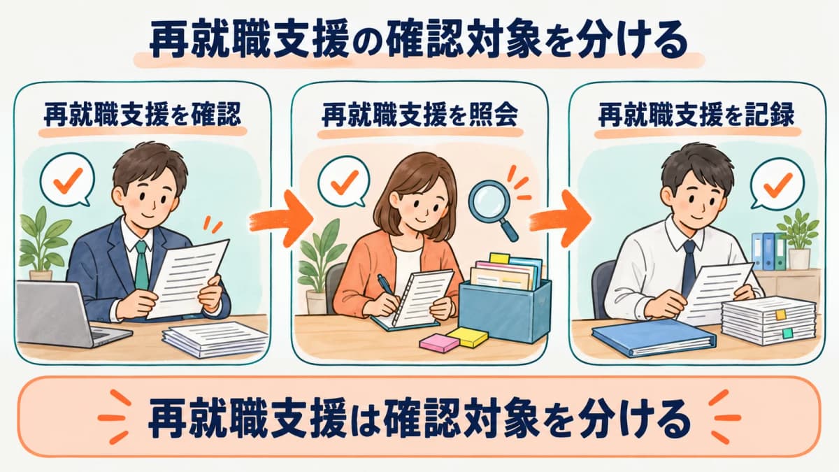再就職支援の確認対象を、確認・照会・記録の3段に分けて示した図