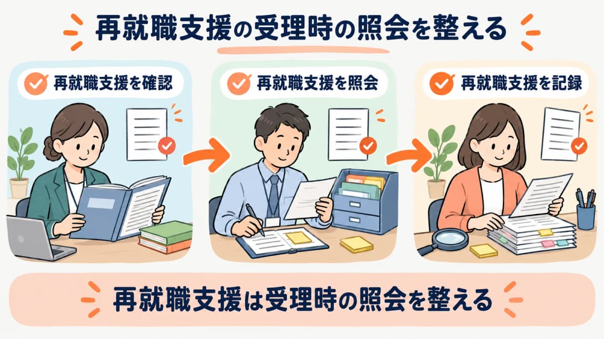 再就職支援の受理時の照会を、確認・照会・記録の3段で整理した図