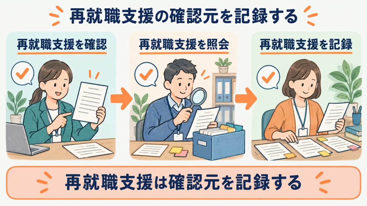 再就職支援の確認元を、確認・照会・記録の3段で残す流れを示した図