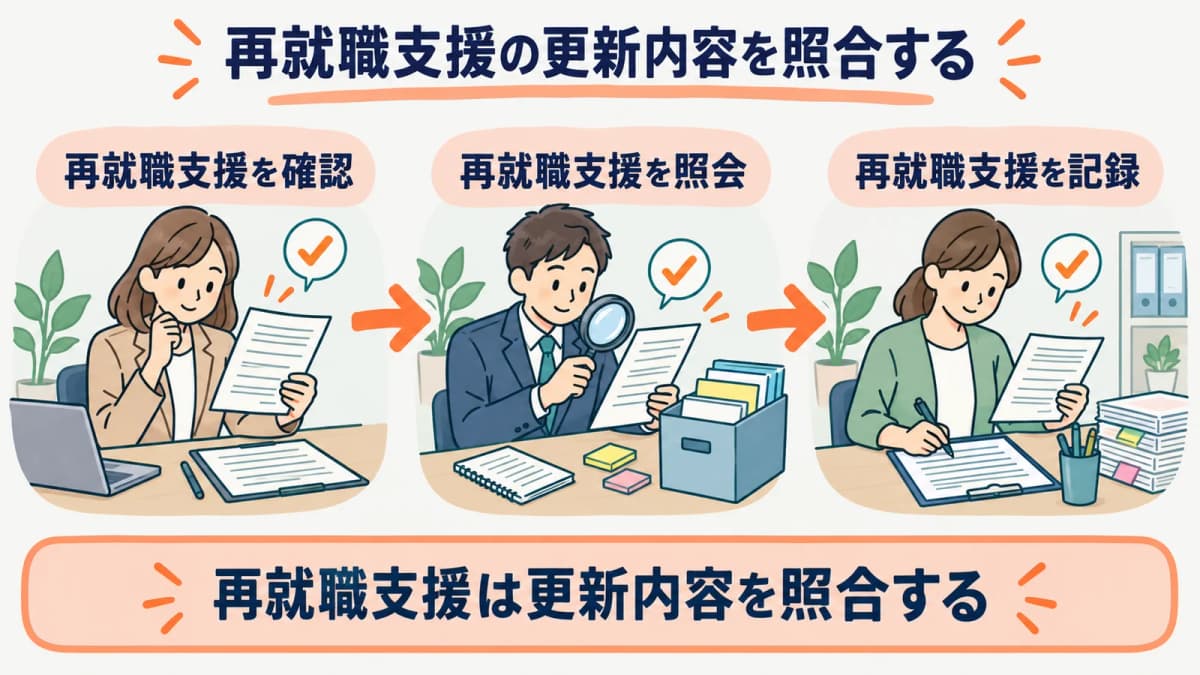 再就職支援の更新内容を、確認・照会・記録の3段で照合する流れを示した図