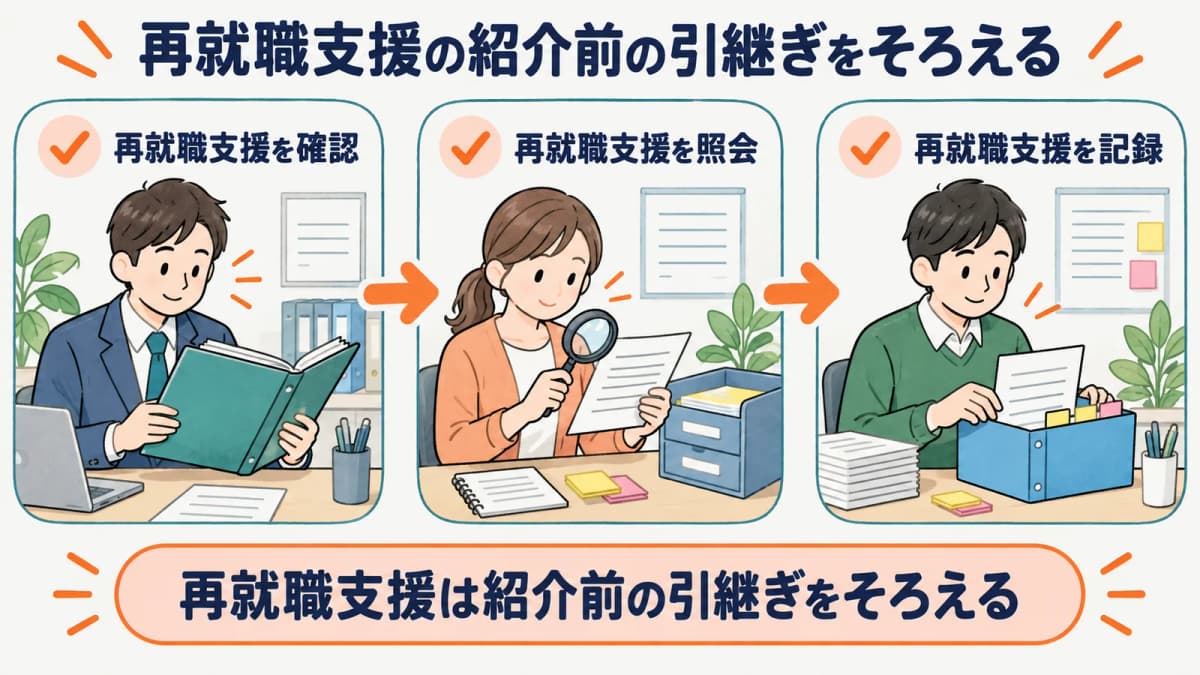 再就職支援の紹介前の引継ぎを、確認・照会・記録の3段でそろえる流れを示した図